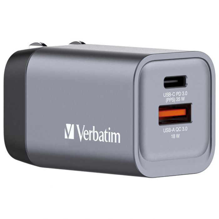 PUNJAČ PUTNI ZA MOBITELE I TABLETE GAN 1XUSB-C/PD 35W/1XUSB-A QC 3.0 (EU/UK/US) VERBATIM 32200