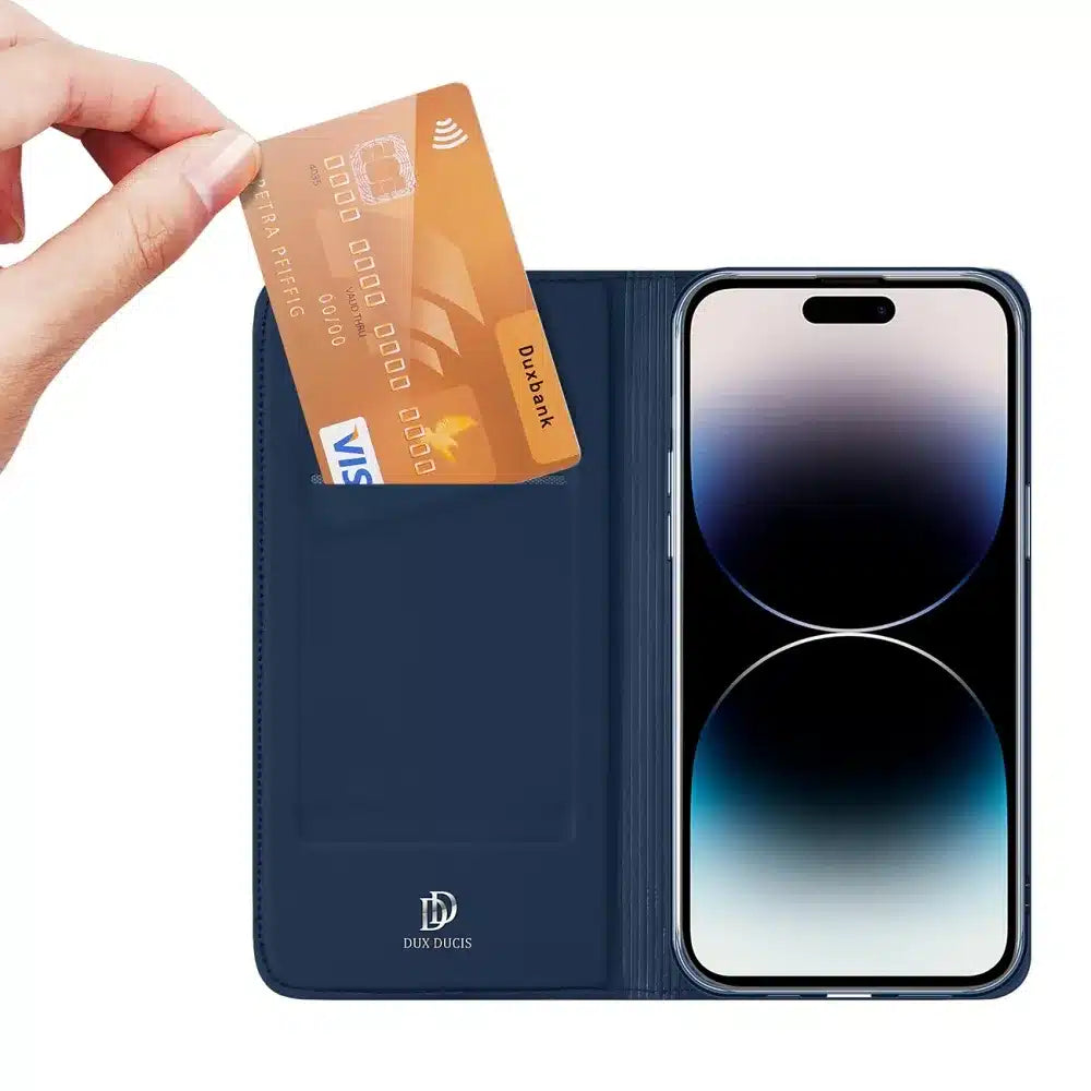 DUX DUCIS Skin Pro – Hladké kožené pouzdro pro Apple iPhone 15 modré