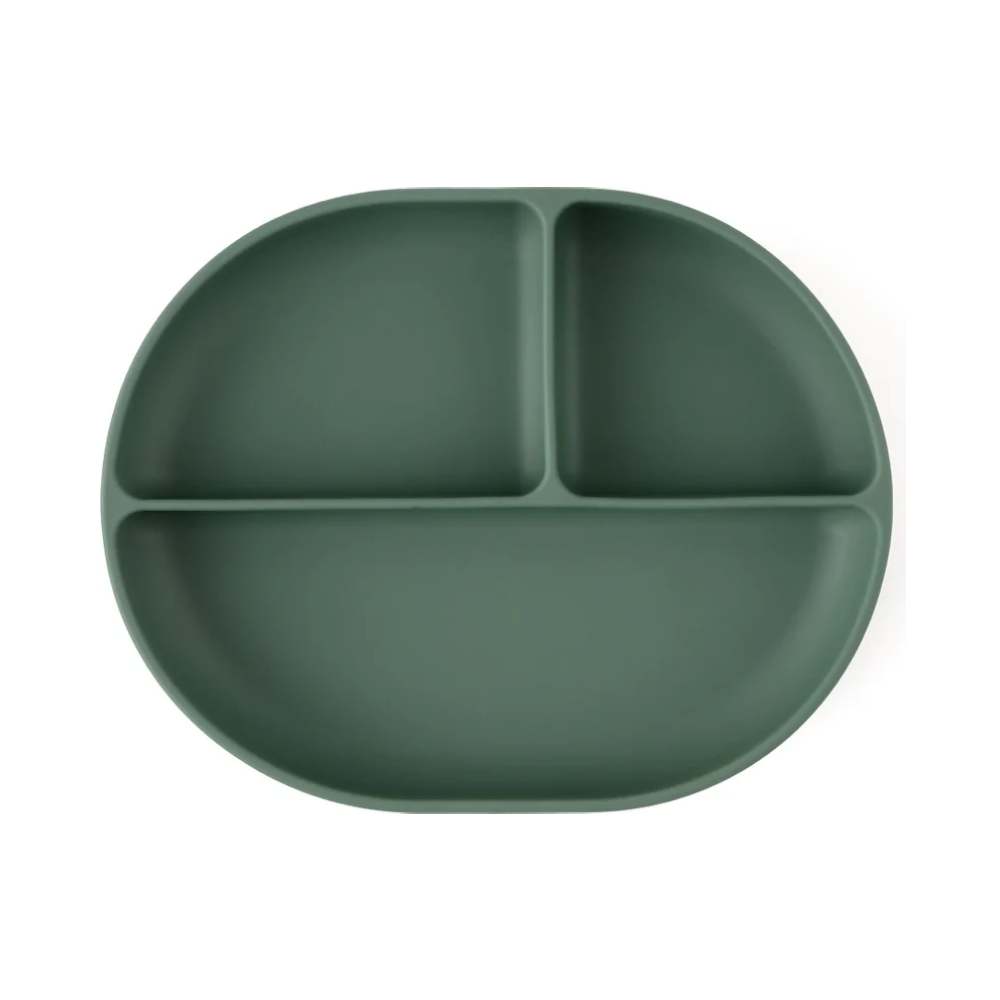 PETITE&MARS Silikonski ovalni tanjur s odjeljcima i vakuumom 6 m+ Take&Match, Misty Green