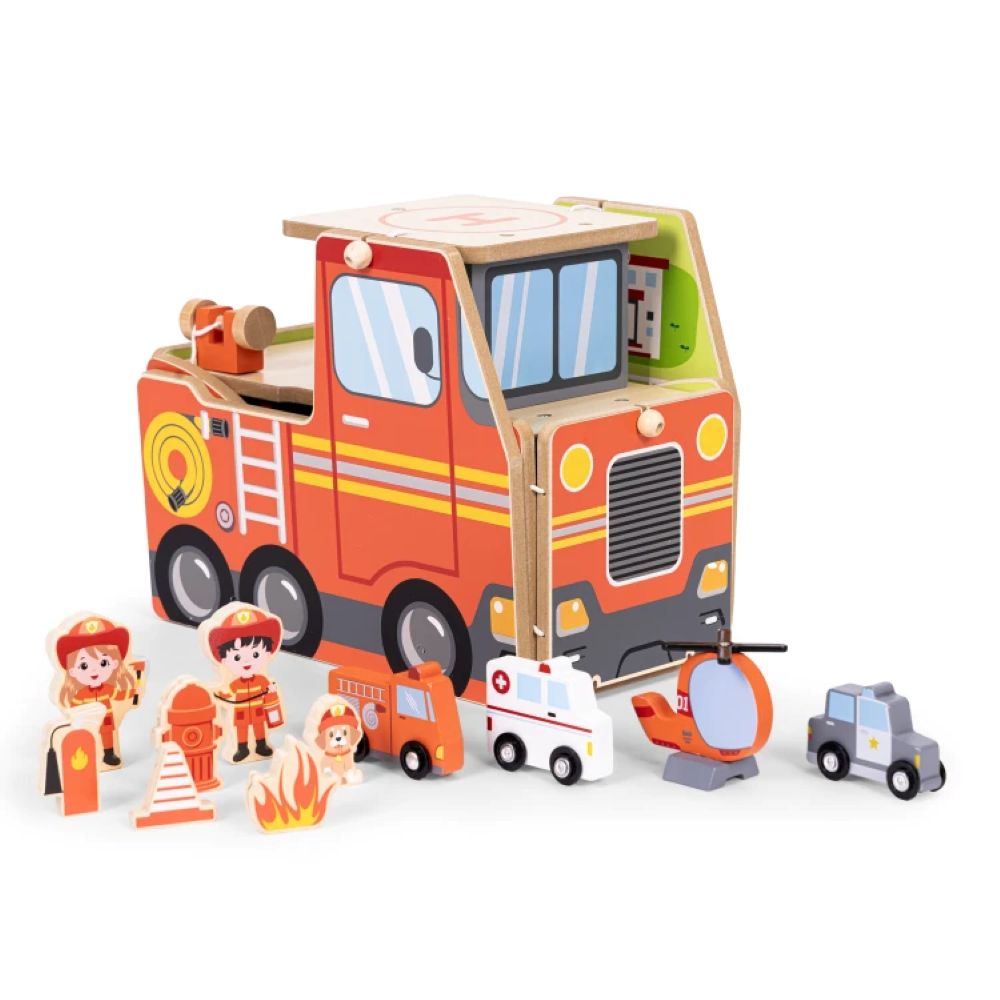 Ecotoys drveni set za vatrogasnu postaju, garaža s dodacima