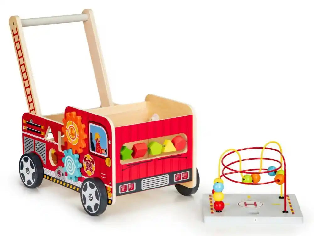 Ecotoys Drvena edukativna guralica 2u1 s kockama 41,5x28x46 cm, vatrogasci