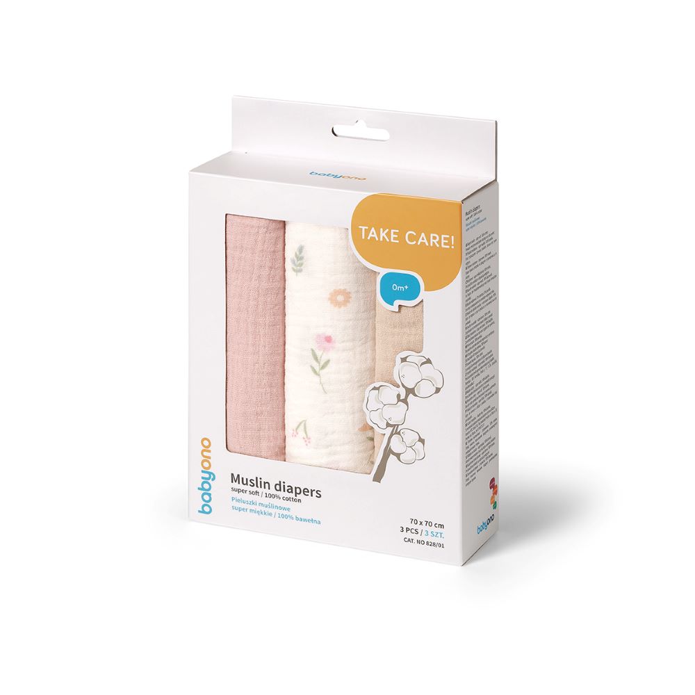 BabyOno Tetra pelene Muslin Cvijeće, boja breskve