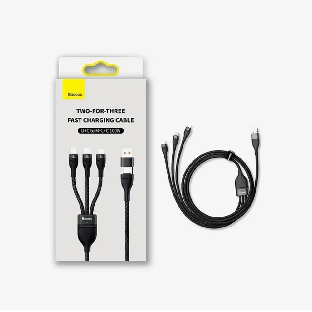 BASEUS USB kabel 3v1 Flash Series II USB A na Micro + Lightning 8-pin + Type C 100W 1.2m modri