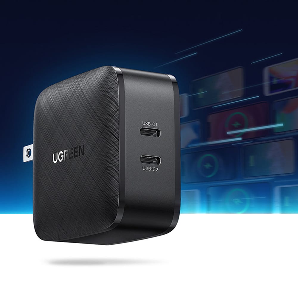 Ugreen - Zidni punjač (70867) - 2x USB-C, PD, GaN 66W, 3.3A - crni