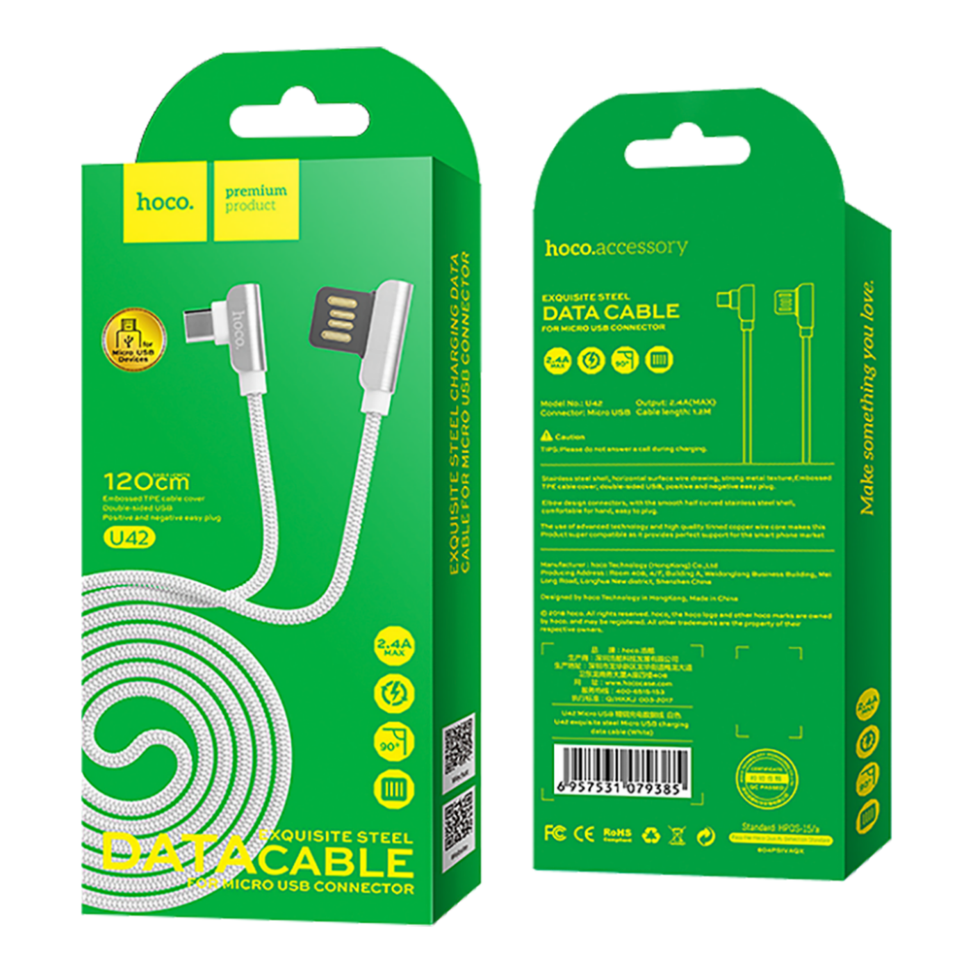 hoco. USB kabel za pametne telefone, micro USB, 1.2 m, 2.4 A, bel - U42 Exquisite steel, Micro USB, WH