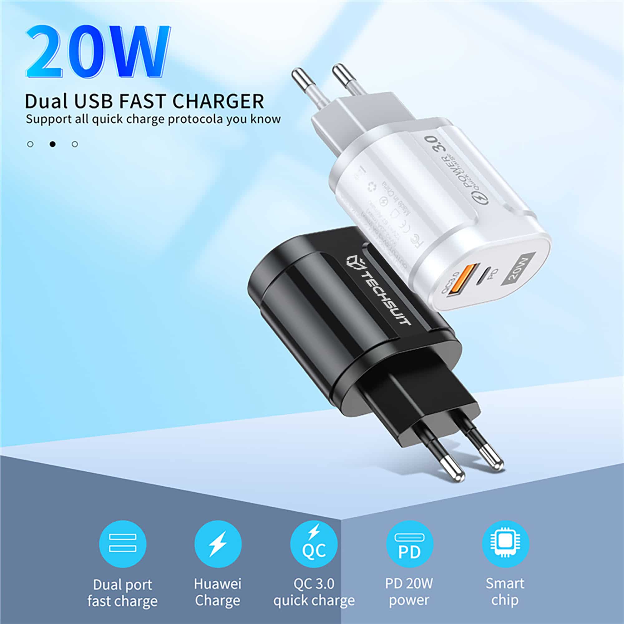 Techsuit - Prémiová síťová nabíječka (CHPD038) - USB-A, QC 3.0, USB-C, 20 W - černá