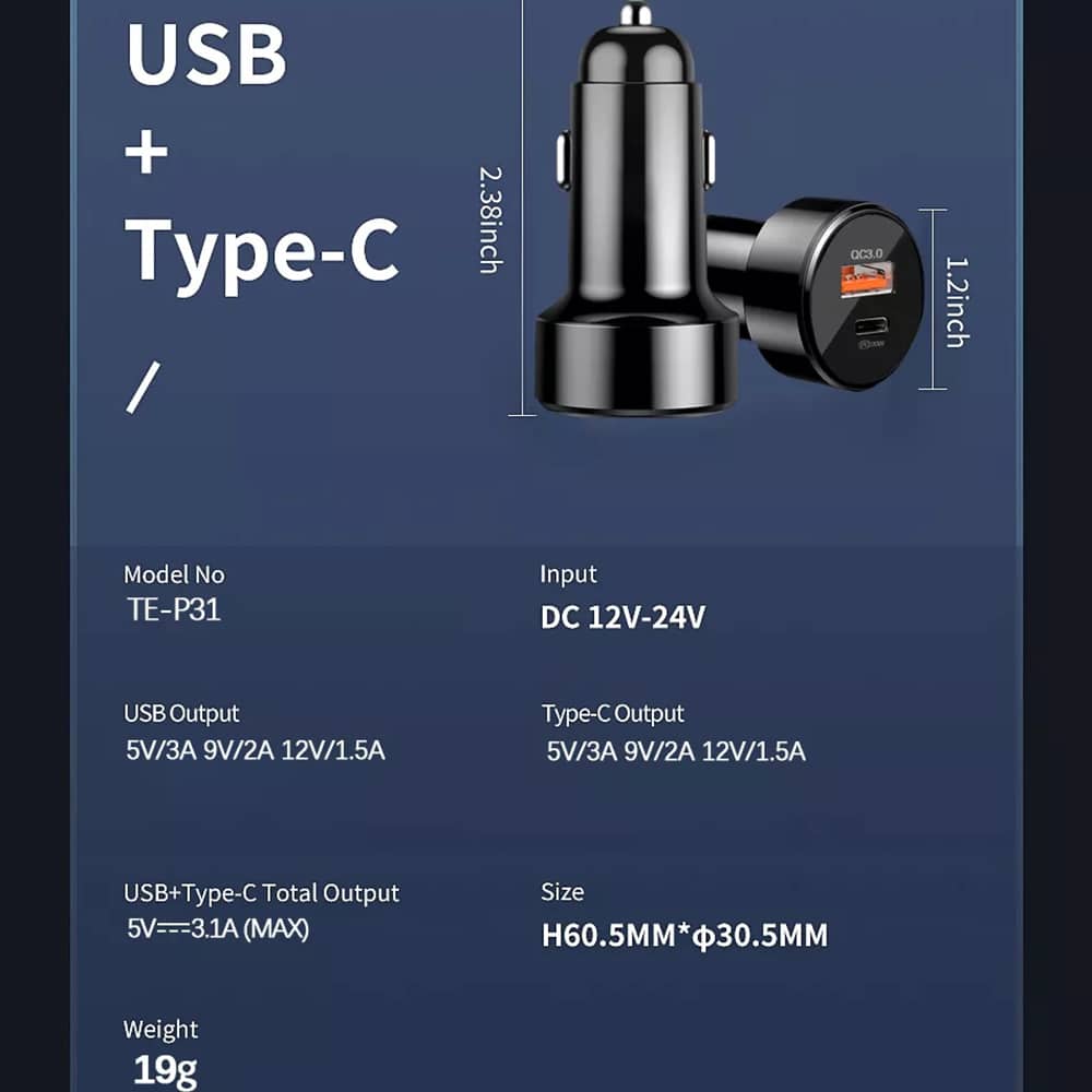 Techsuit - špičková autonabíječka (CAPD028) - USB-A QC 3.0 a USB-C 38 W - černá