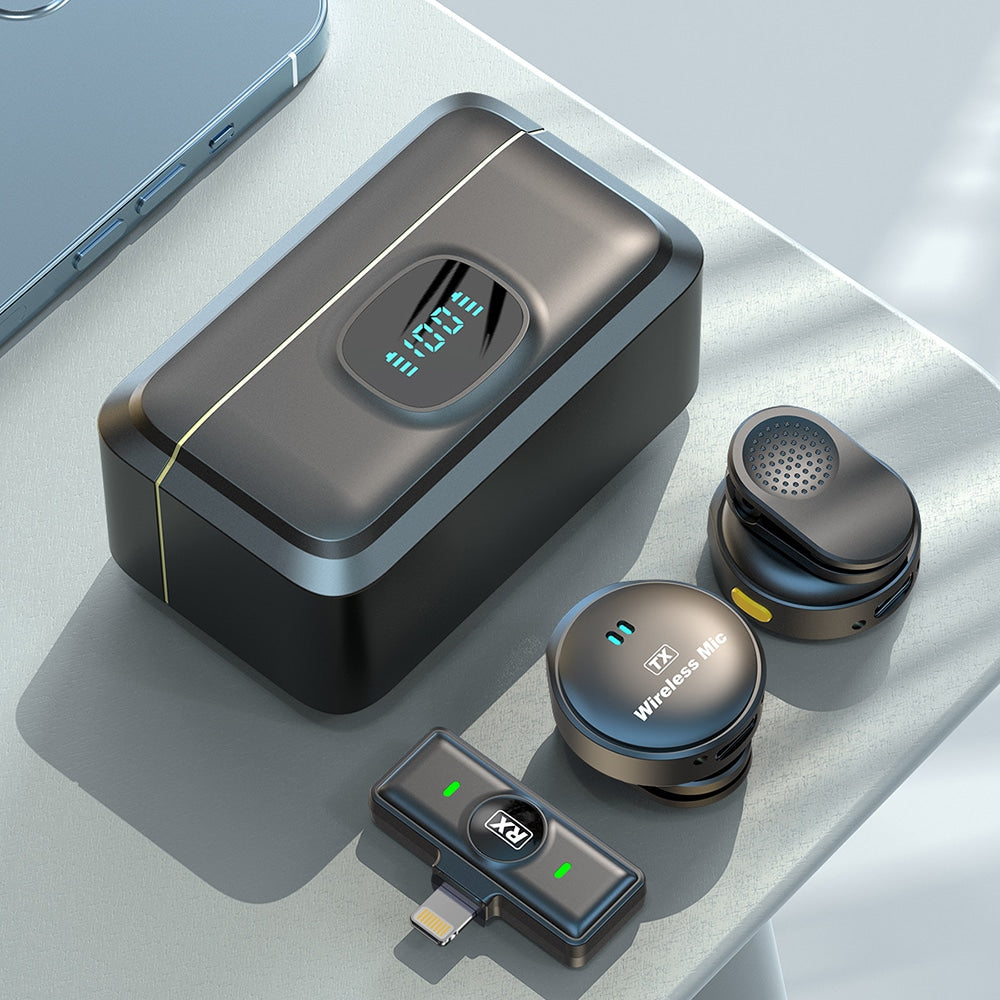 Techsuit - (2 ks) Lavalier bezdrátové zařízení s konektorem iPhone Lightning, potlačení hluku 2.0 - digitální displej - černé