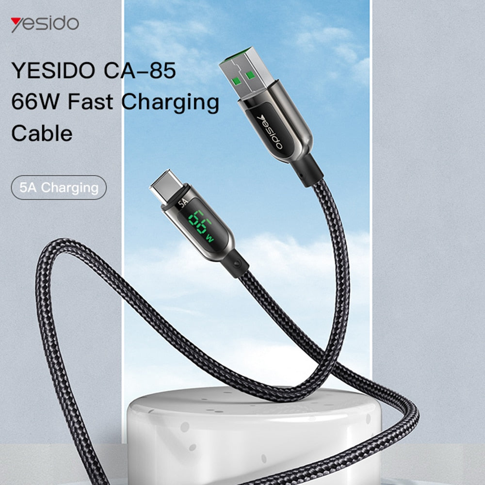 Yesido - podatkovni kabel (CA85) - USB na Type-C 66W 5A digitalni zaslon - 120 cm - crni