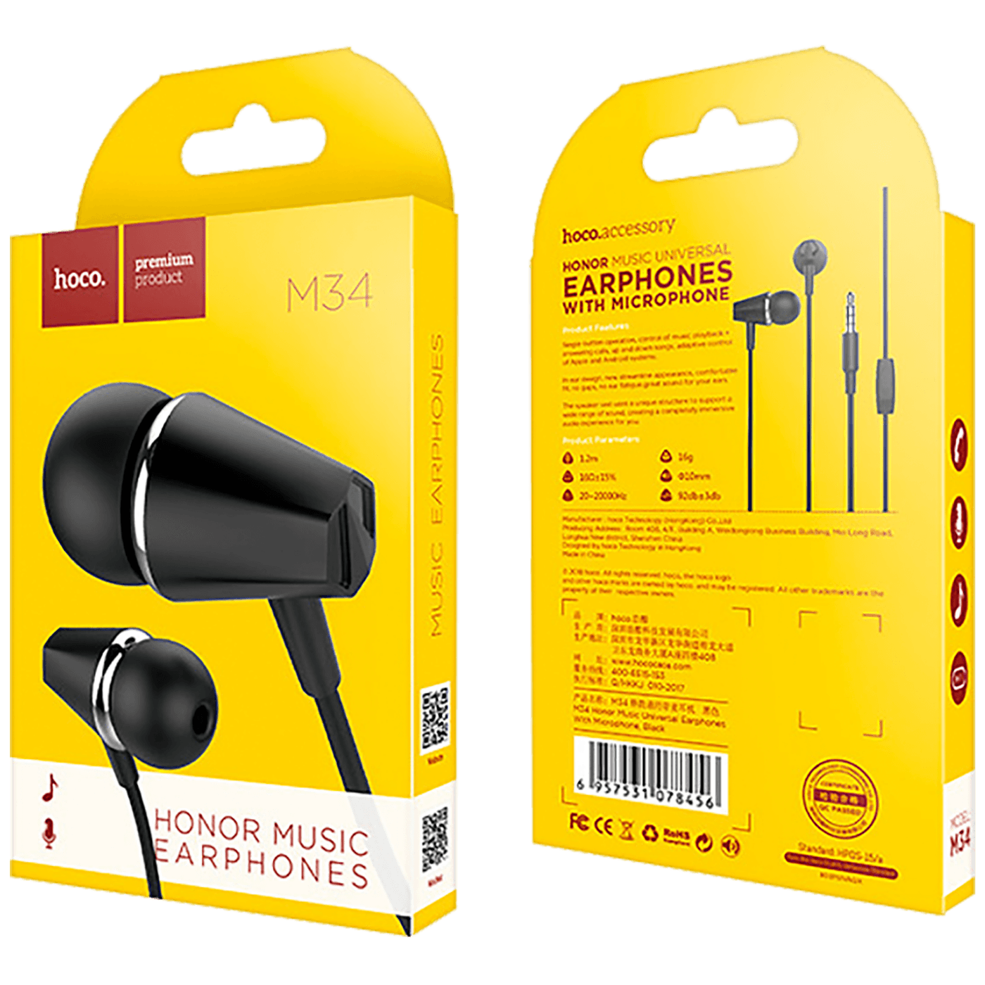 hoco. Slušalke z mikrofonom, 3,5 mm, dolžina kabla 1,2 metra, črne - M34 Honor Black