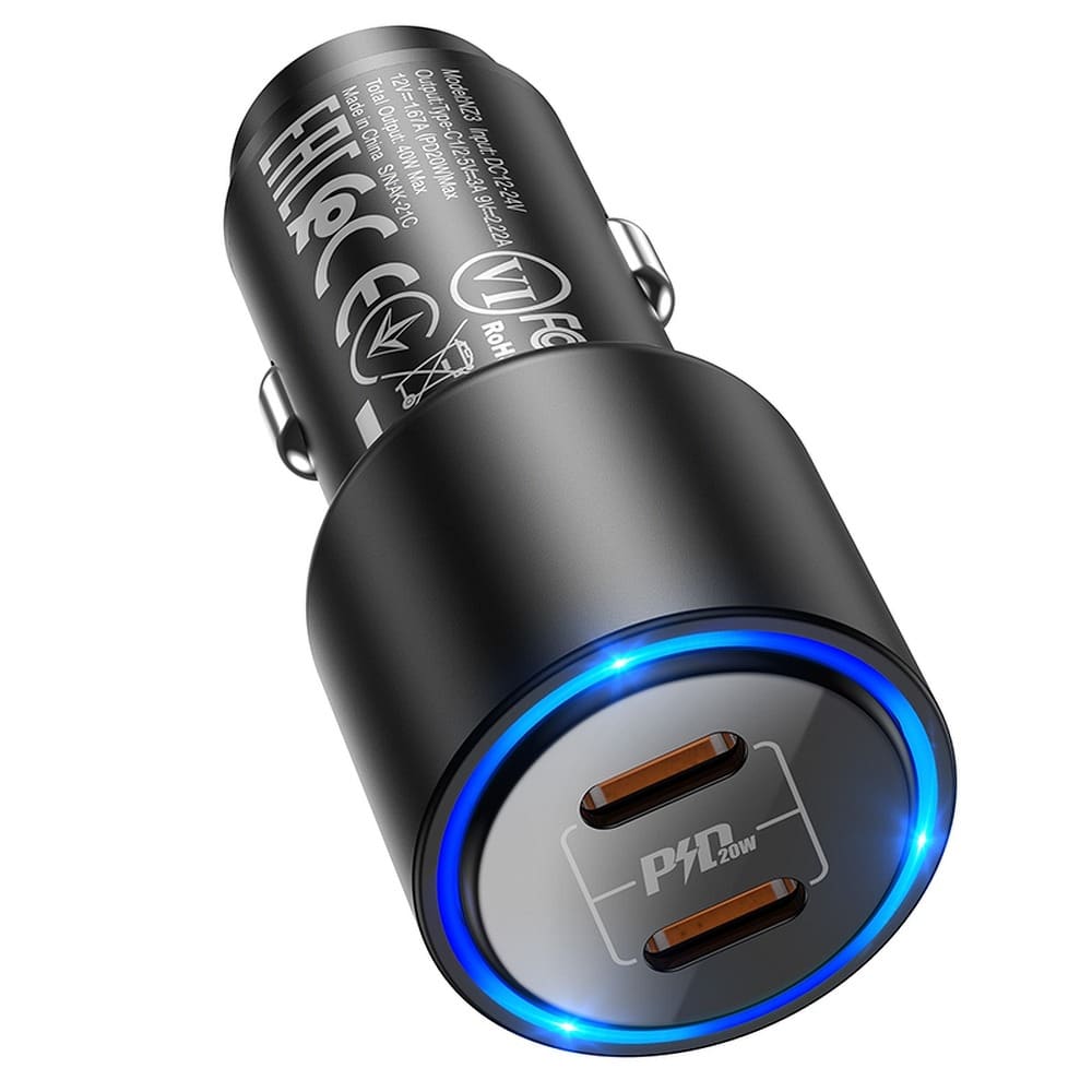 HOCO Avto polnilec (NZ3 Clear Way) - 2xUSB Type-C QC 3.0 PD 40W 3A - črn