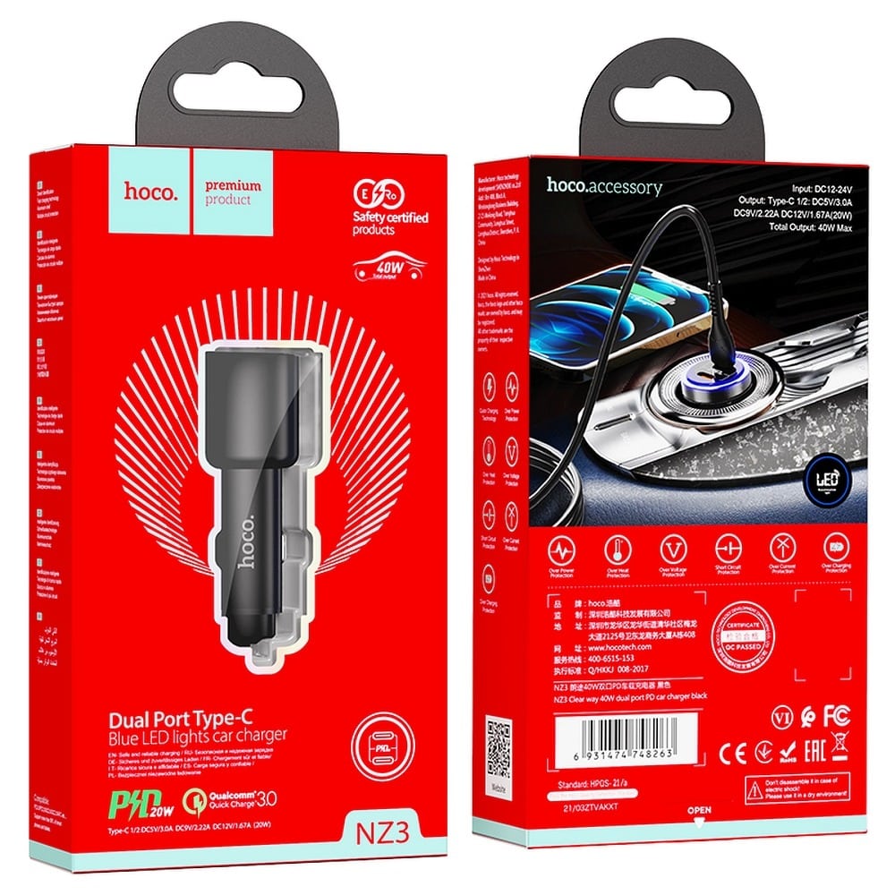 HOCO Avto polnilec (NZ3 Clear Way) - 2xUSB Type-C QC 3.0 PD 40W 3A - črn