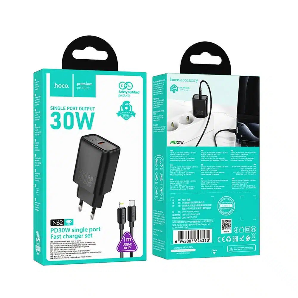 HOCO Type-C zidni punjač + Type-C kabel za Lightning PD QC 30W N62 crni