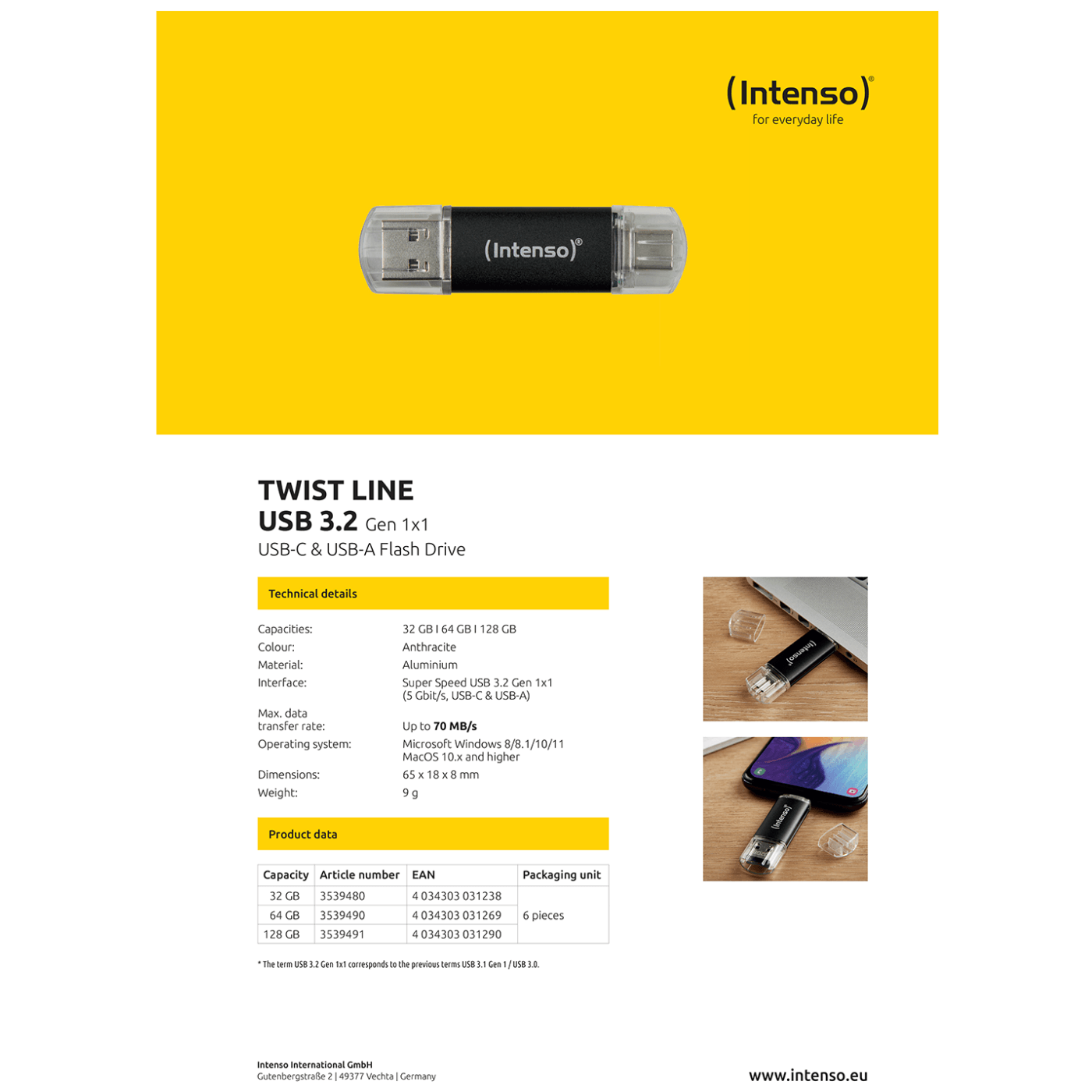 (Intenso) USB Flash drive 32GB, USB 3.2, USB-C, USB-A, Twist Line - USB3.2-32GB/Twist Line