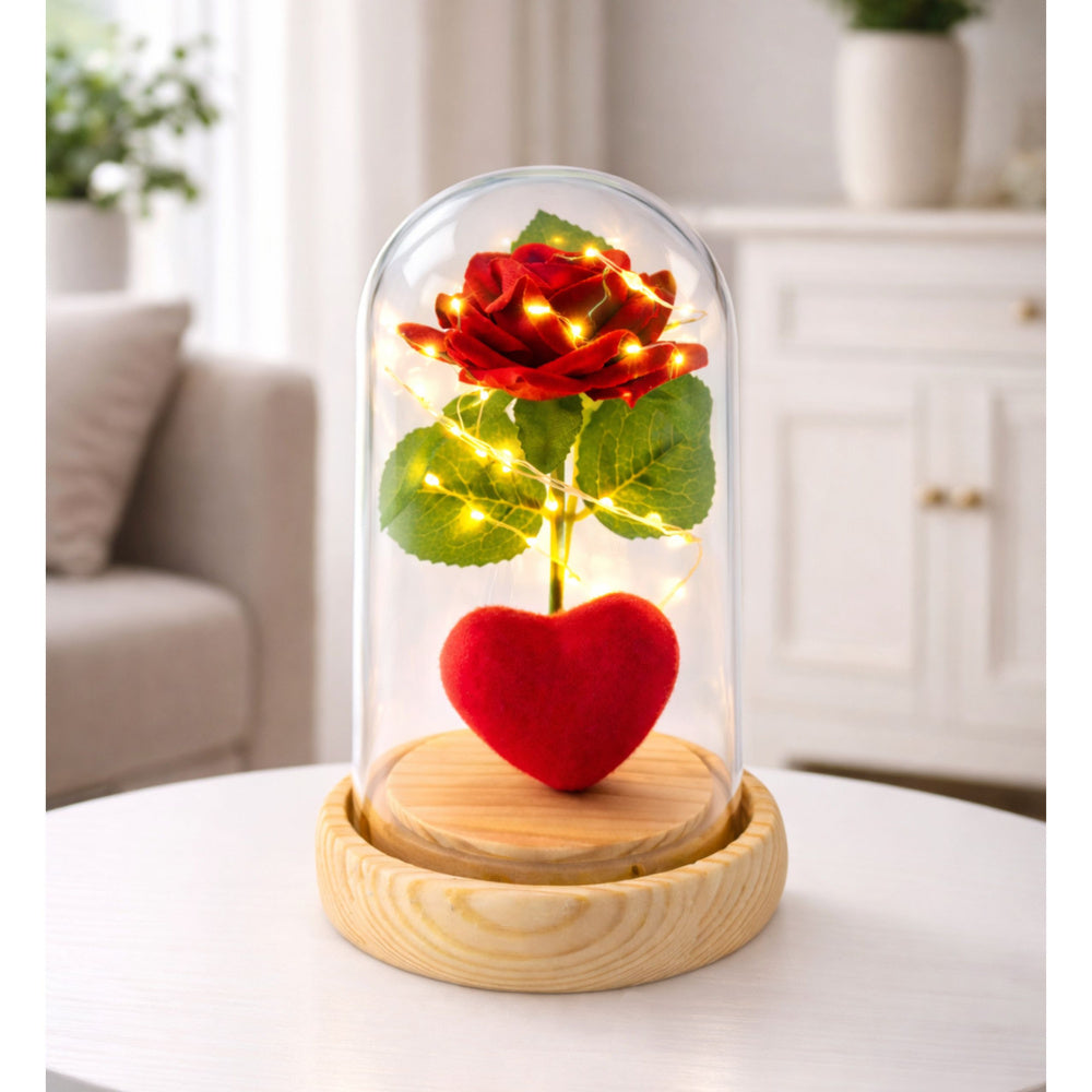 Eternal Rose in Dome with LED Lighting Red with Heart 14x8cm
