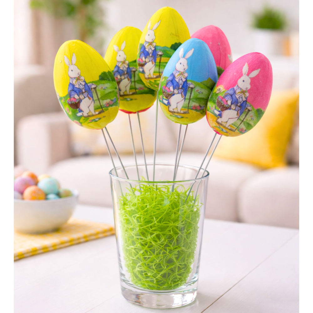 Easter Eggs on a Wire Pick Bunny with a Basket Decoration 6pcs