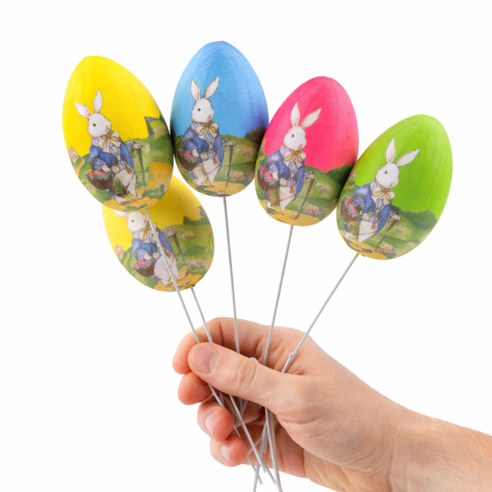 Easter Eggs on a Wire Pick Bunny with a Basket Decoration 6pcs