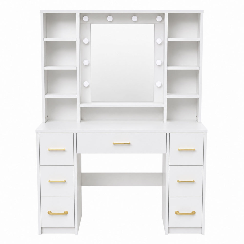 Large Dressing Table Mirror with LED Light, Shelves, 7 Drawers, White, 140x100x40 cm