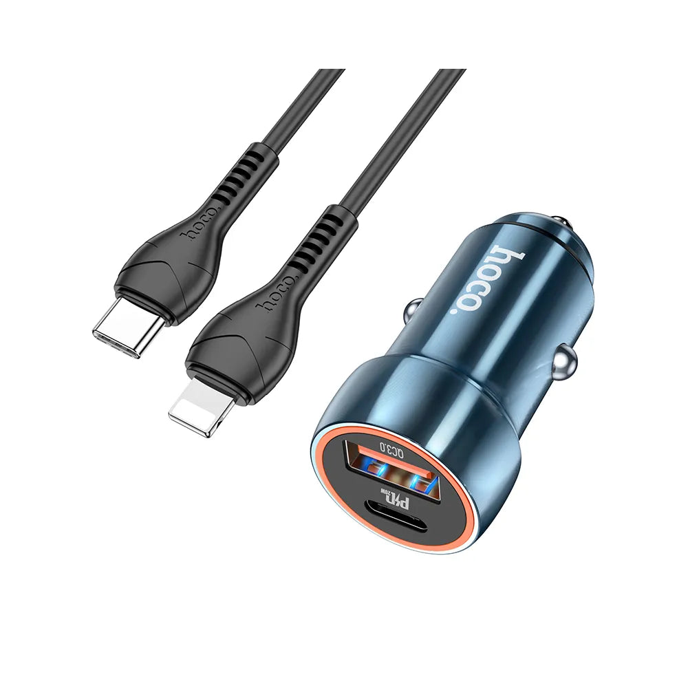 Nabíječka do auta HOCO Type C + USB QC3.0 Power Delivery 20W s kabelem pro iPhone Lightning 8-pin Z46A safírově modrá