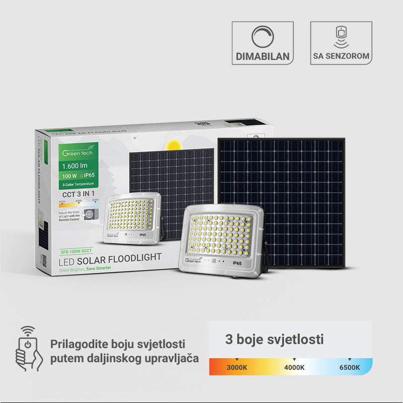 LED solarni reflektor Green Tech 100W, 3CCT, IP65