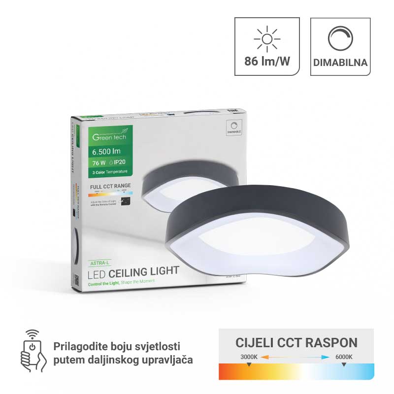 Smart plafonjera Green Tech ASTRA-L metalna 76W, 3CCT s daljinskim up., fi 52cm