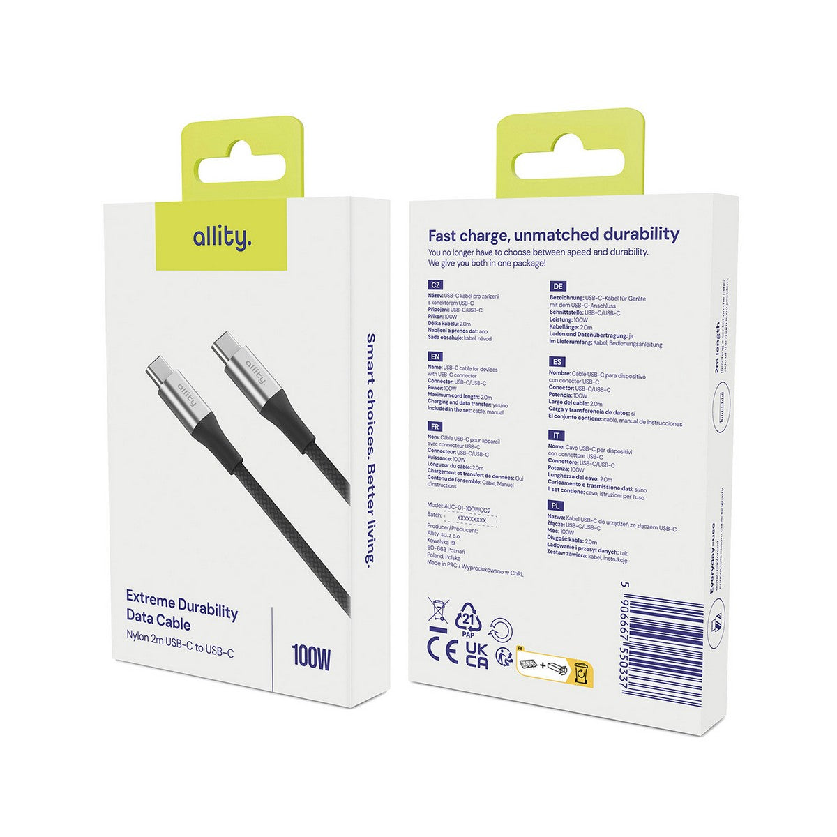 ALLITY kabel AUC-01 USB-C - USB-C 2,0 m 100W CRNI
