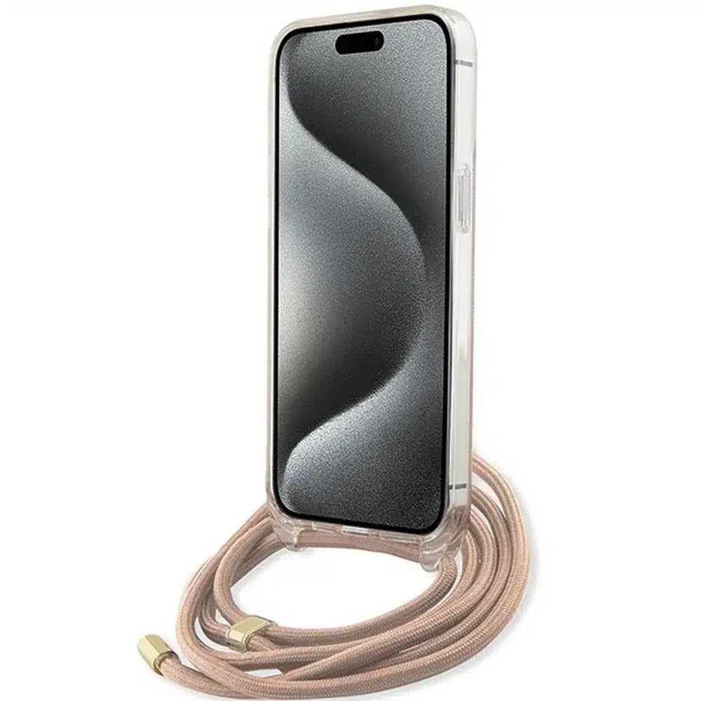 Originální pouzdro GUESS Hardcase GUHCP15LHC4SEP pro iPhone 15 Pro (Crossbody Cord 4G Print / růžové)