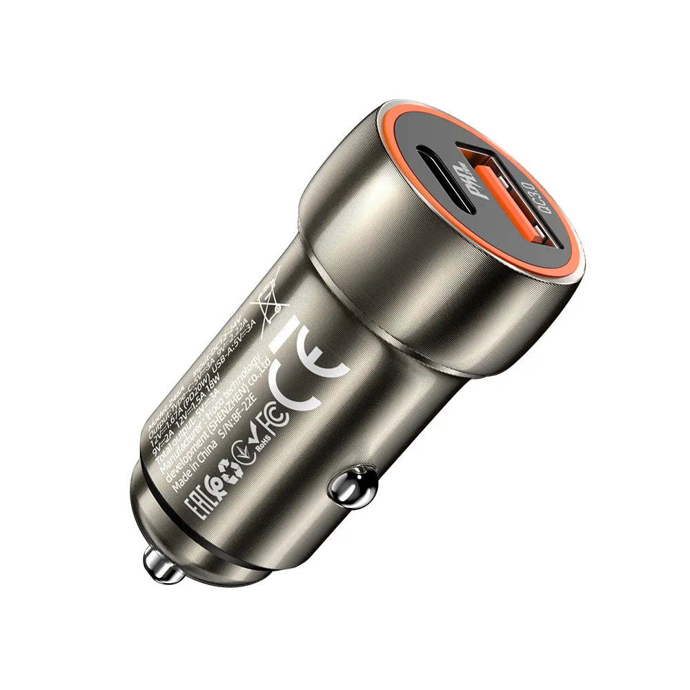 HOCO auto punjač Type C + USB QC3.0 Power Delivery 20W Z46A metalno sivi
