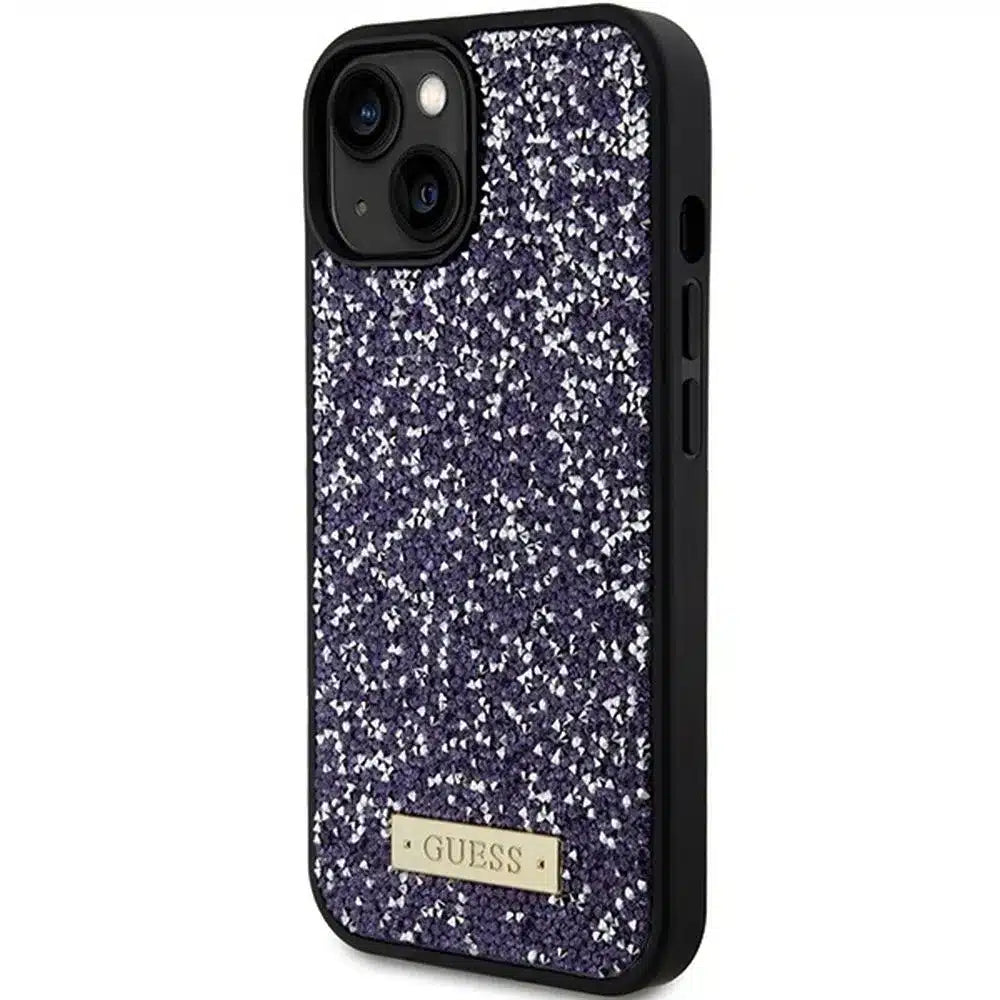 Originalna torbica GUESS Hardcase GUHCP15SPFGSBSP za iPhone 15 (kovinski logotip z okrasnimi kamni / svetlo roza)