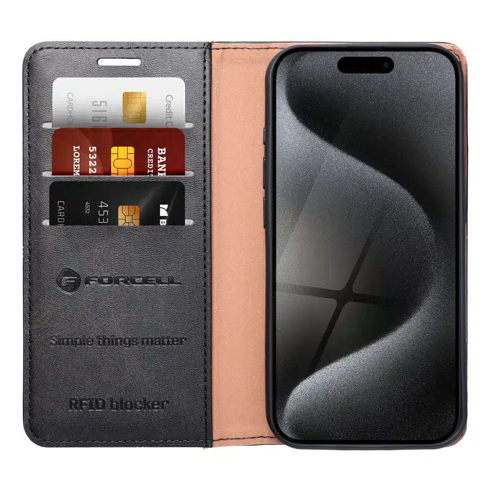 FORCELL F-PROTECT RFID Blocker flipové pouzdro pro iPhone 15 Plus černé