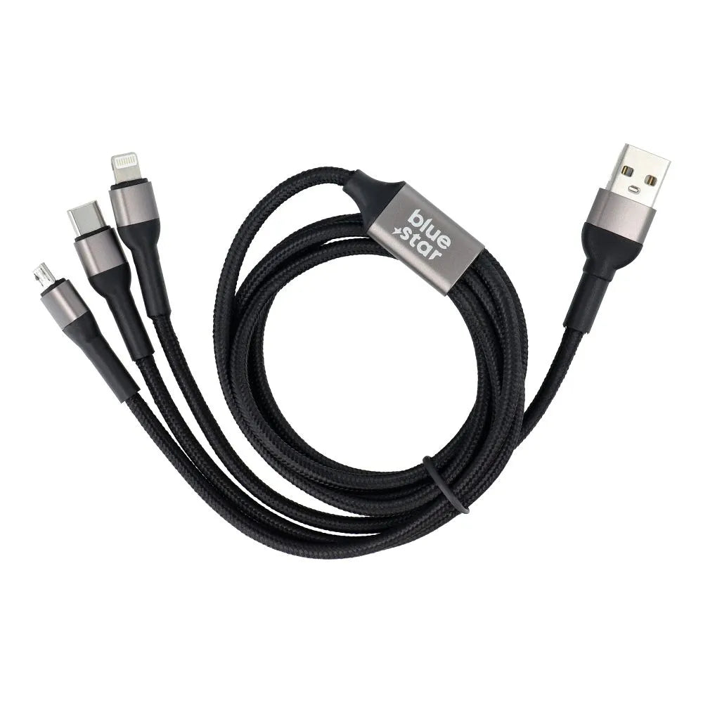 Blue Star 3v1 opletený kabel s konektory micro USB, USB C a Lightning 3A