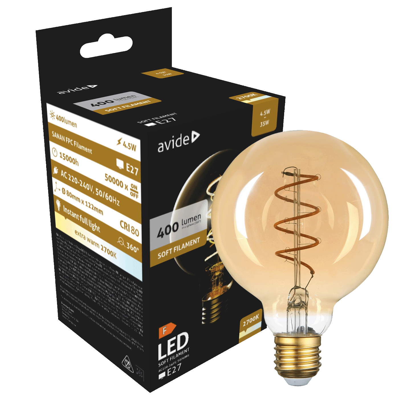 Avide Žarulja,LED,4.5W,E14,2700K,230V AC,topla bijela svjetlost - Soft Filament G80 4.5W E27