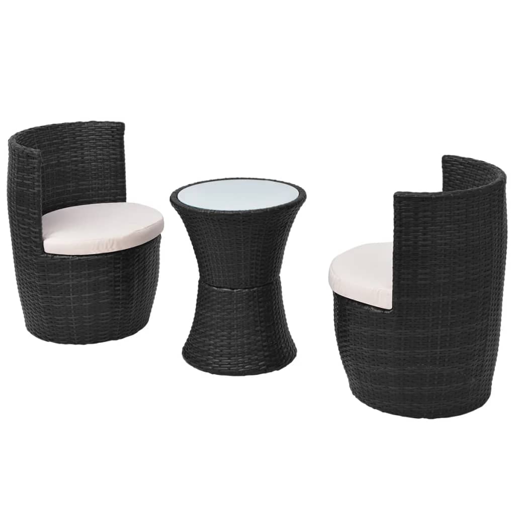 3-dijelni bistro set od poliratana s jastucima crni