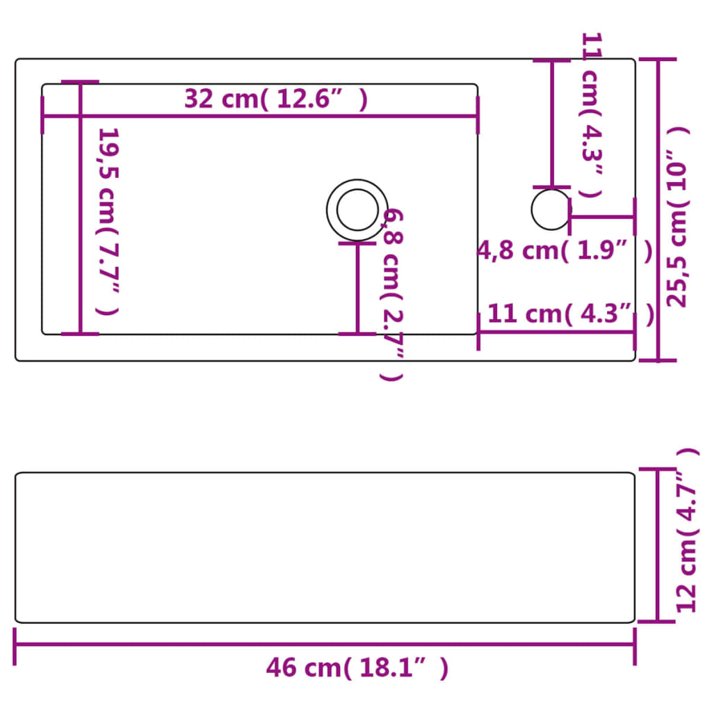 Umivaonik s Otvorom za Slavinu Keramički Bijeli 46x25,5x12 cm