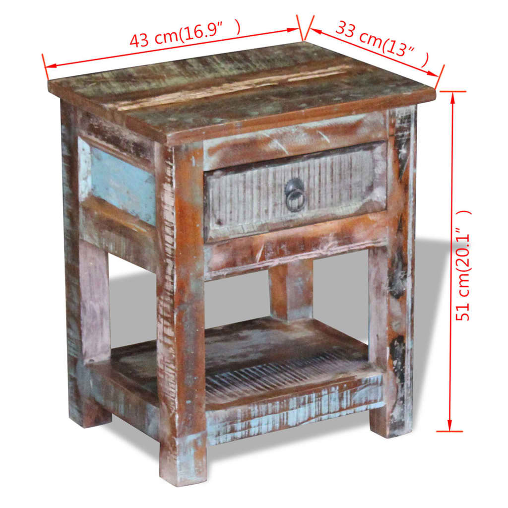 Bočni stolić s 1 ladicom masivno obnovljeno drvo 43x33x51 cm