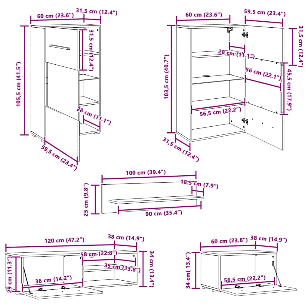 Petodijelni zidni set TV ormarića s LED rasvjetom bijeli
