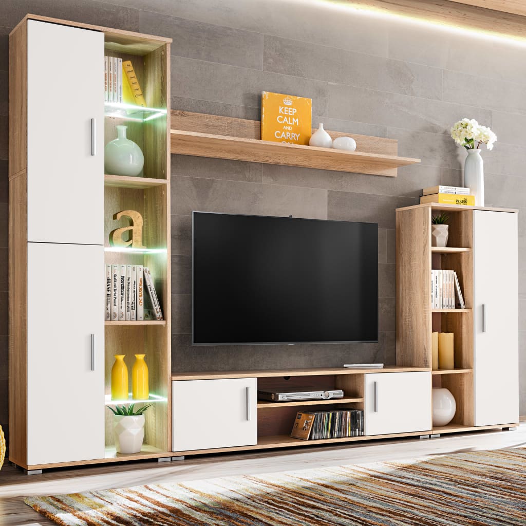 Zidni TV element s LED svjetlima boja hrasta sonome i bijela