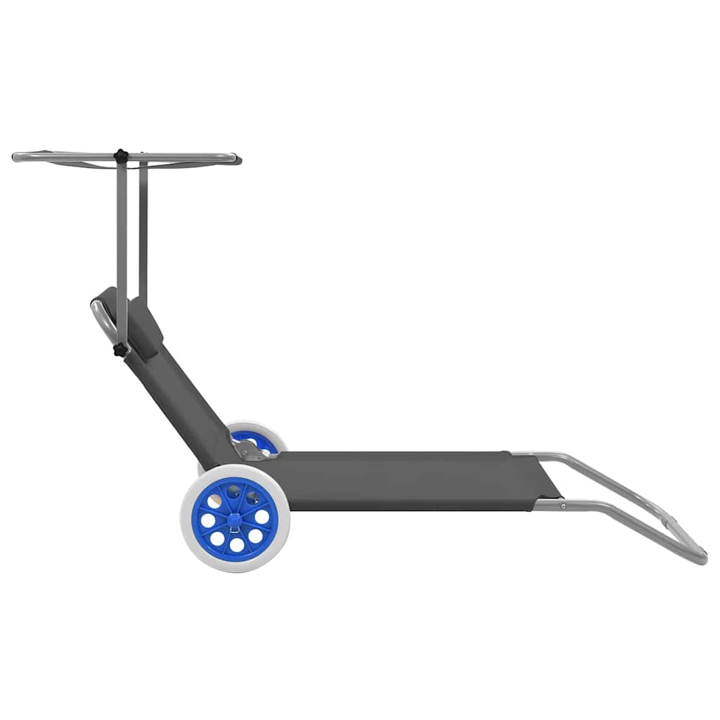 Sklopiva ležaljka za sunčanje s krovom i kotačima čelična siva