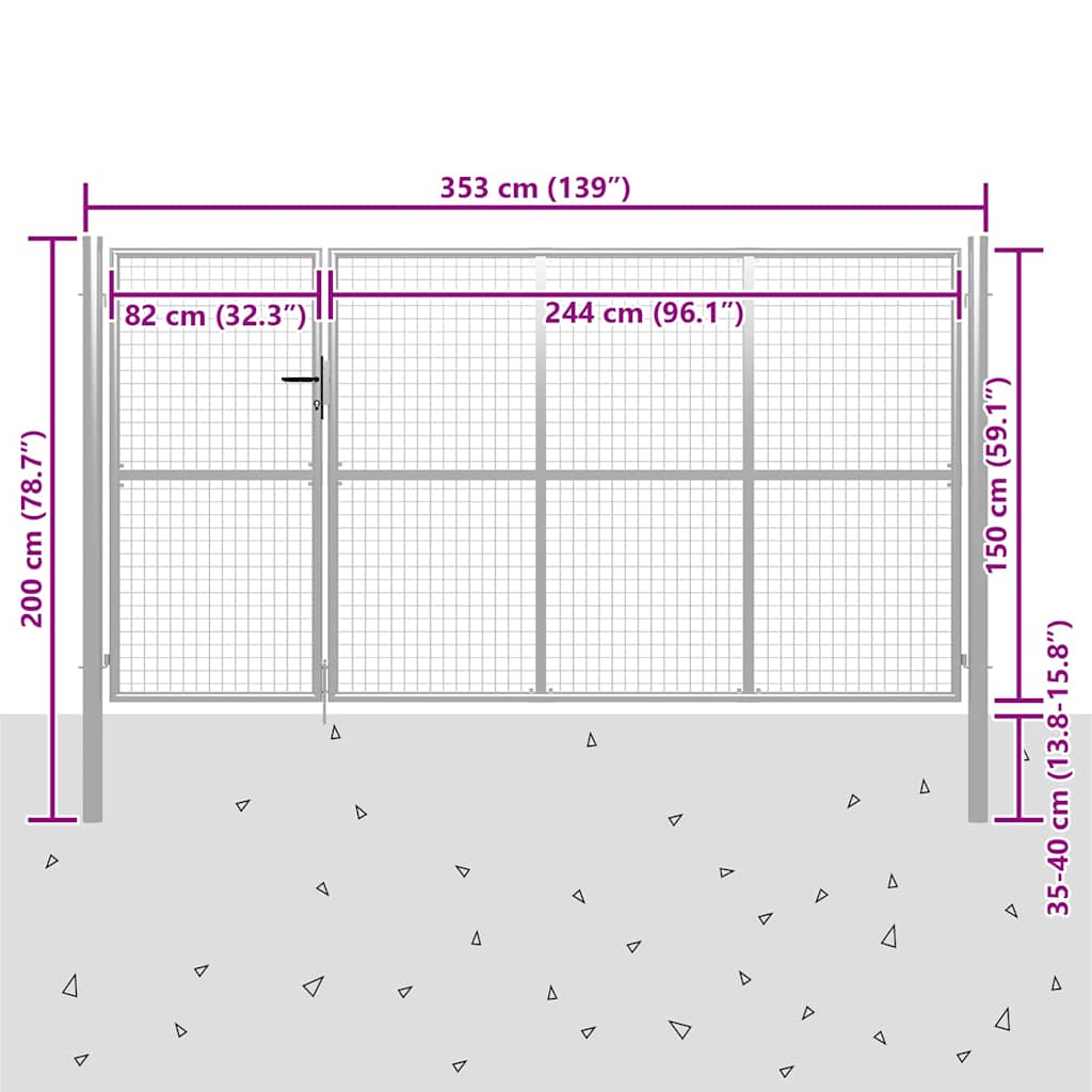 Vrtna vrata čelična 350 x 150 cm srebrna