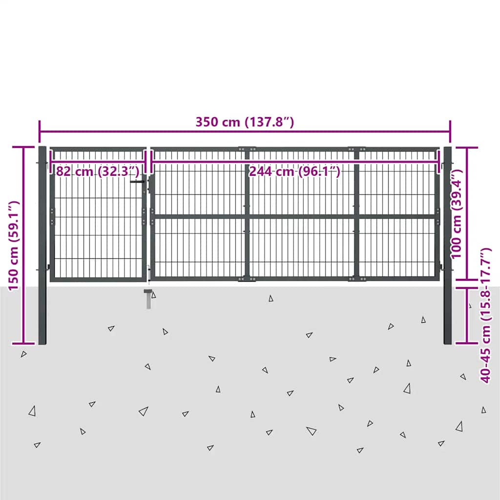 Vrtna vrata sa stupovima Čelik 350x100 cm Antracit
