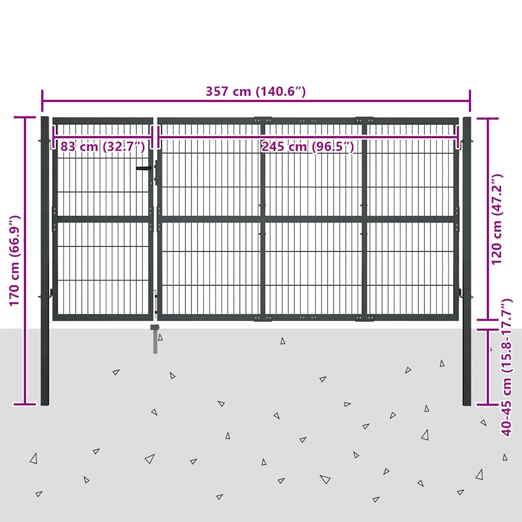 Vrtna vrata sa stupovima Čelik 350x120 cm Antracit
