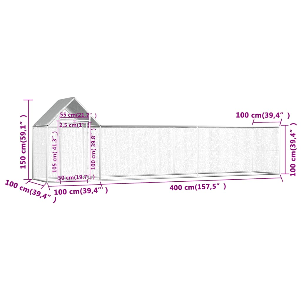 Kokošinjac od pocinčanog čelika 5 x 1 x 1,5 m