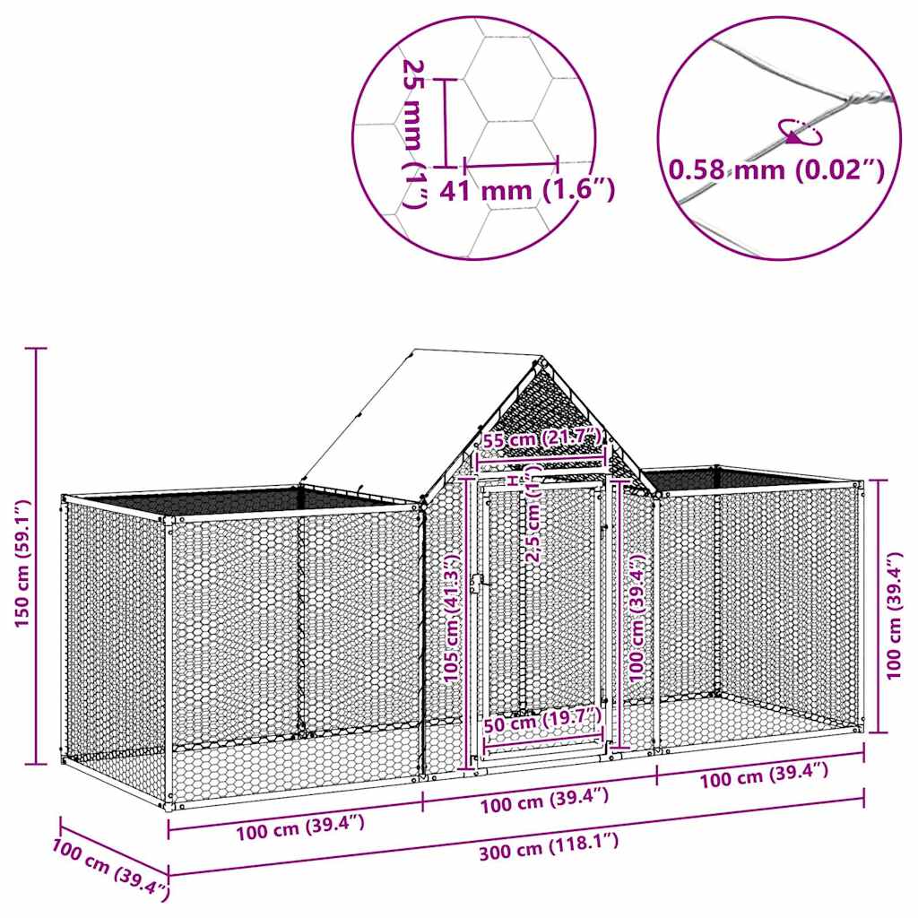 Kokošinjac od pocinčanog čelika 3 x 1 x 1,5 m