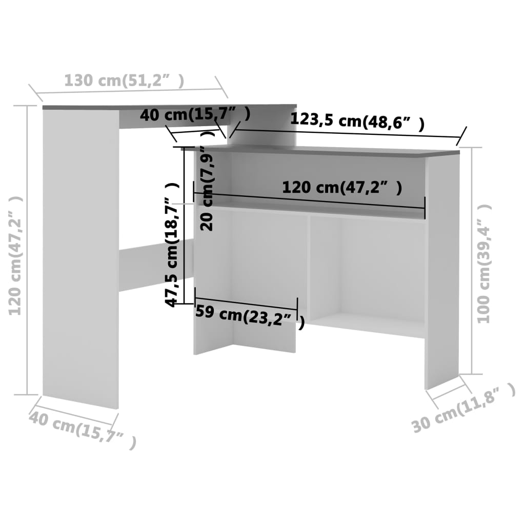 Barski stol s 2 stolne ploče bijelo-sivi 130 x 40 x 120 cm