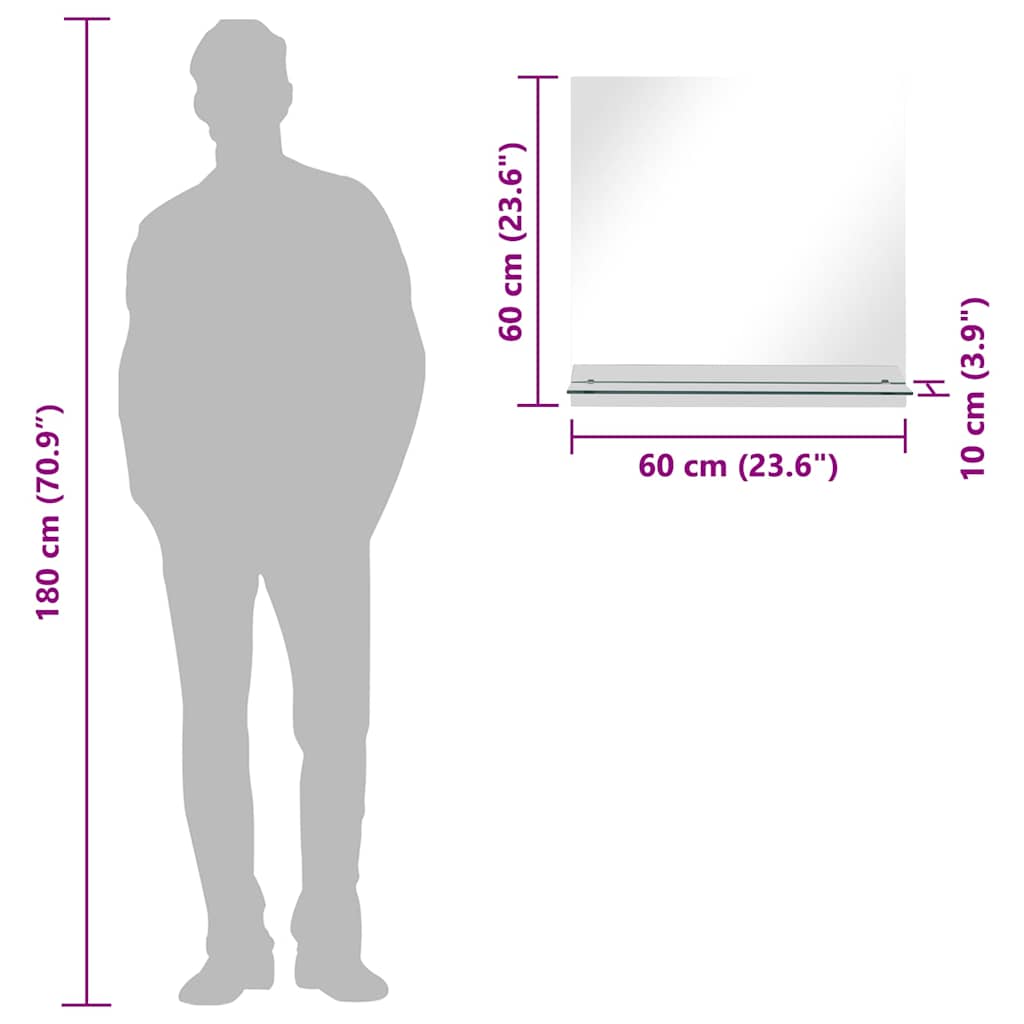 Zidno ogledalo s policom 60 x 60 cm od kaljenog stakla