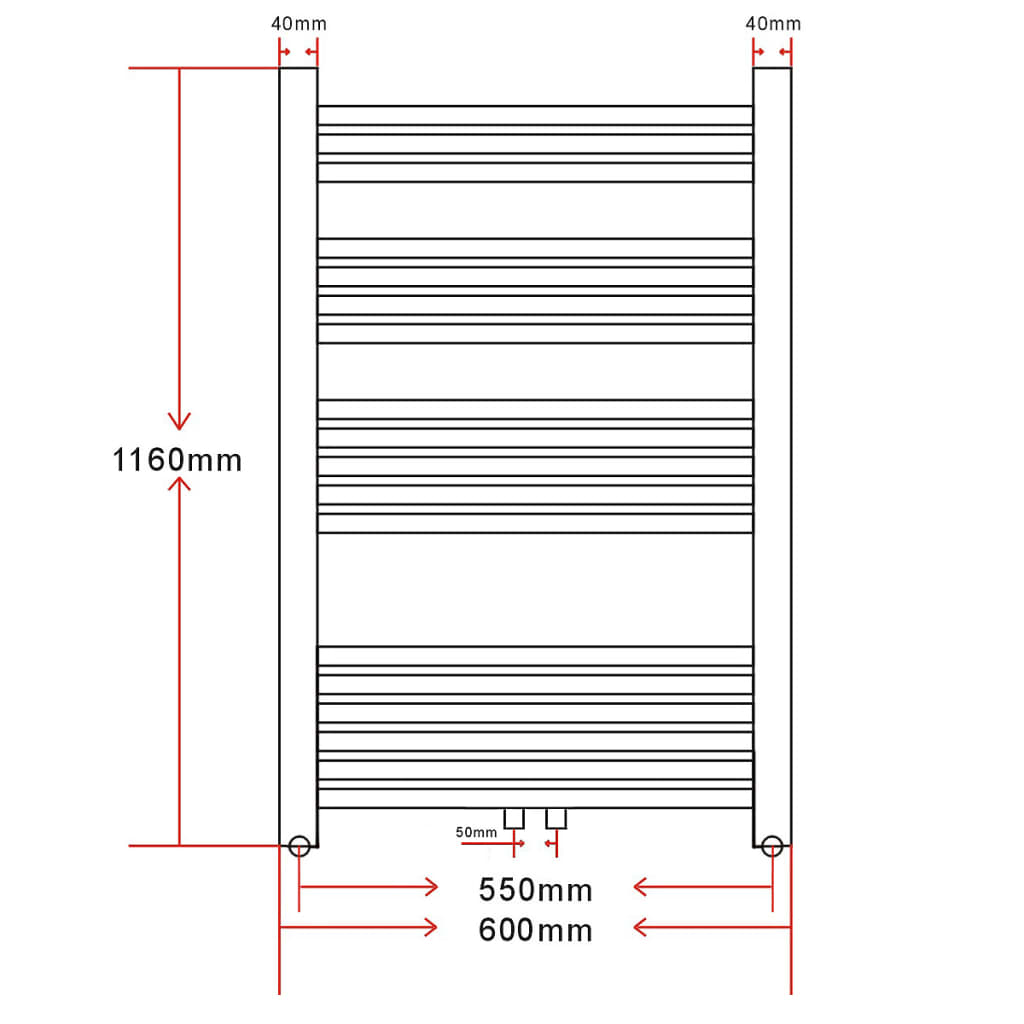 Kupaonski Radijator za Centralno grijanje Zaobljenih cijevi 600 x 1160mmBočni & Srednji priključak