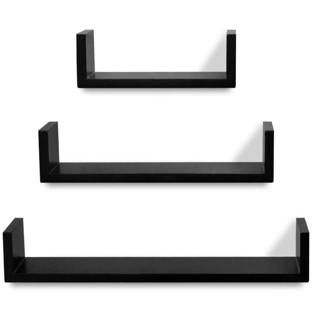 3 crne zidne police U-oblika za izlaganje i pohranu knjiga/DVD-ova MDF