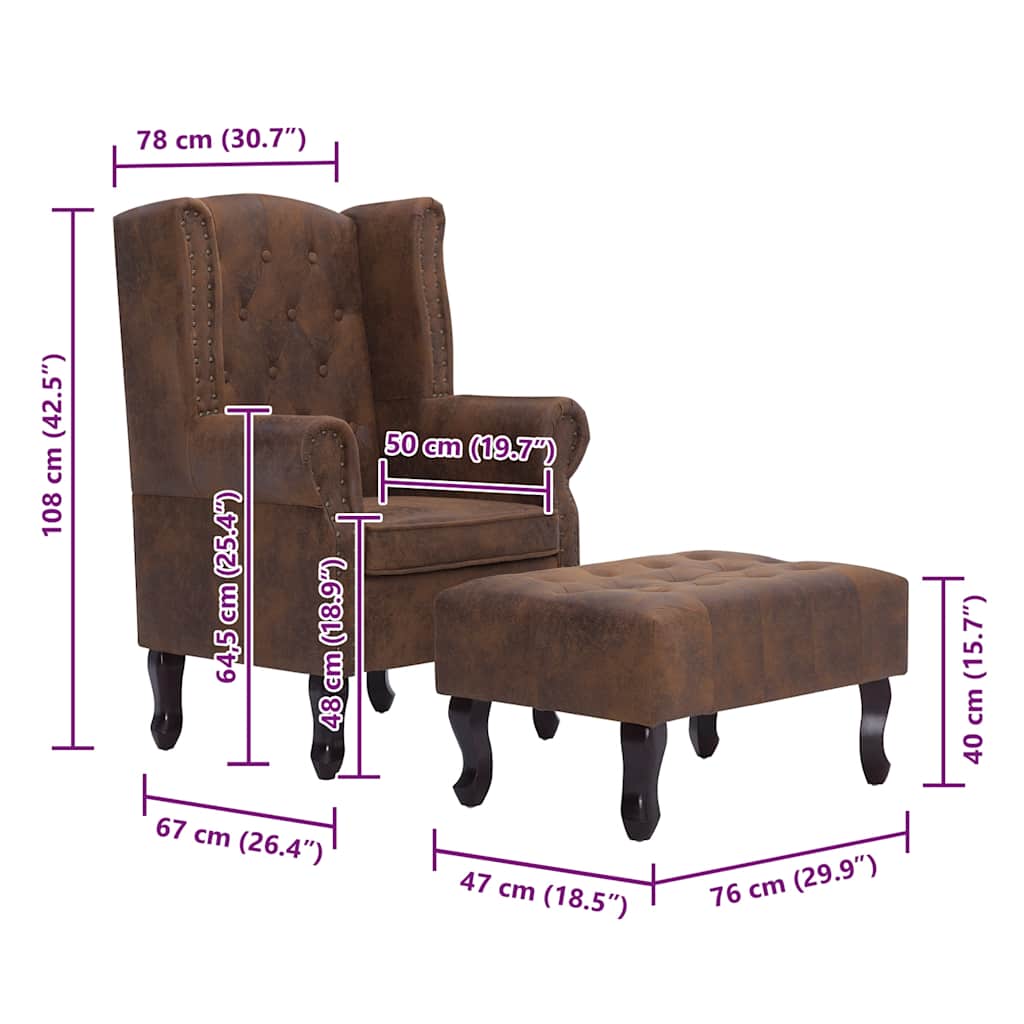 Fotelja Chesterfield s tabureom od umjetne brušene kože smeđa