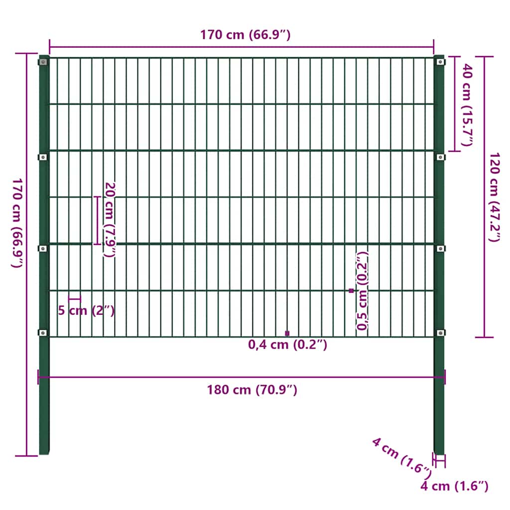 Ogradni panel sa stupovima od željeza 176,5 x 120 cm zelene boje