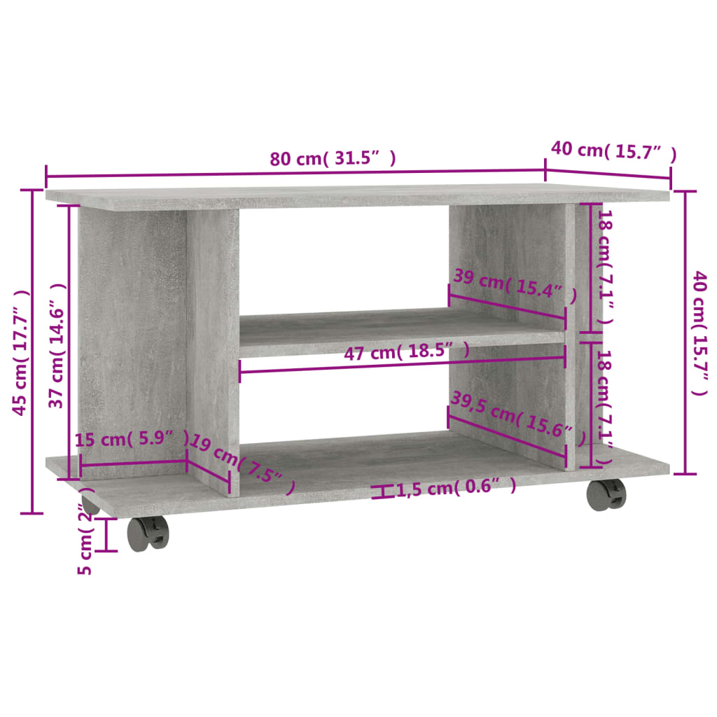 TV ormarić s kotačima boja betona 80x40x45 cm konstruirano drvo